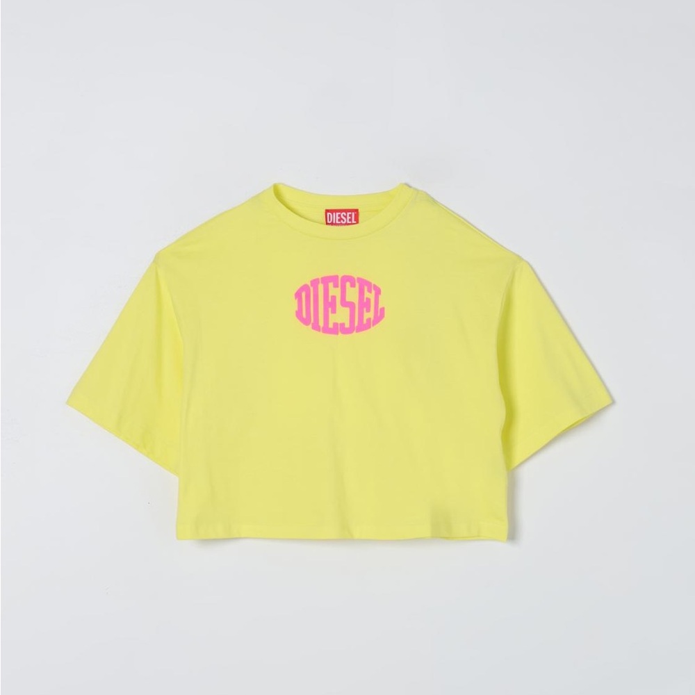 Diesel Bright Yellow Top with Pink Logo. Crop Top